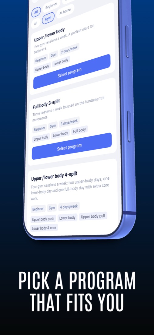 The program picker with programs for different levels and weekly sessions
